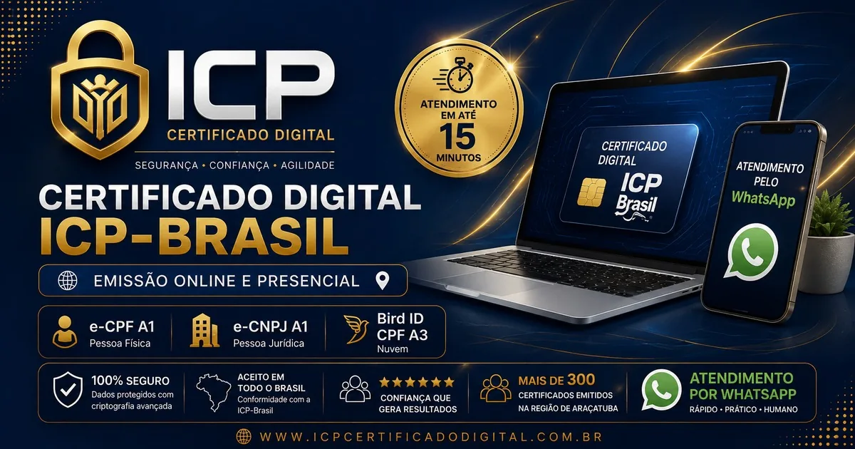 Banner da ICP Certificado Digital mostrando notebook e celular com atendimento por WhatsApp.